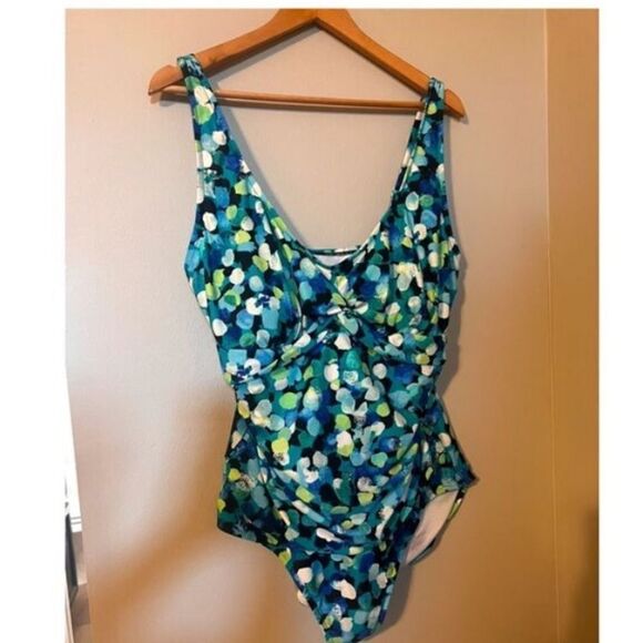 Maxine Of Hollywood 18W One Piece Swimsuit Blue Green Dot Print Ruched Slimming - Picture 2 of 9